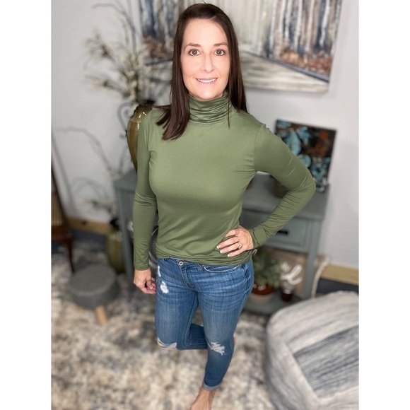 High Ruched Soft Jersey Knit Mock Turtle Neck Olive Green 2519 - Picture 13 of 13